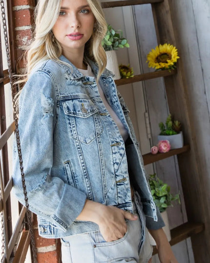Veveret Distressed Button Up Denim Jacket - THE AMERICAN BLUE