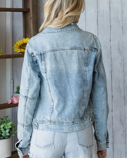 Veveret Distressed Button Up Denim Jacket - THE AMERICAN BLUE