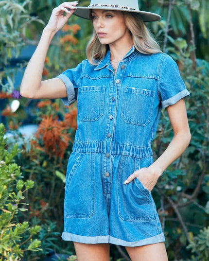Veveret Elastic Waistband Denim Romper - THE AMERICAN BLUE
