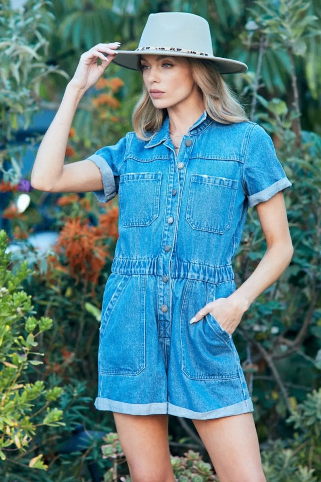 Veveret Elastic Waistband Denim Romper - THE AMERICAN BLUE