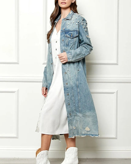 Veveret Full Size Distressed Raw Hem Pearl Detail Button Up Jacket - THE AMERICAN BLUE