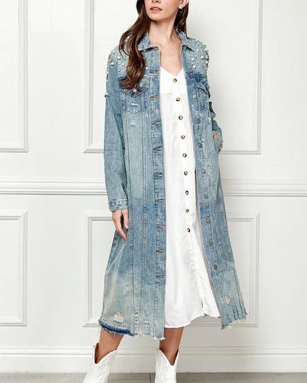 Veveret Full Size Distressed Raw Hem Pearl Detail Button Up Jacket - THE AMERICAN BLUE