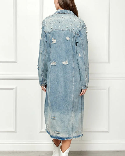 Veveret Full Size Distressed Raw Hem Pearl Detail Button Up Jacket - THE AMERICAN BLUE