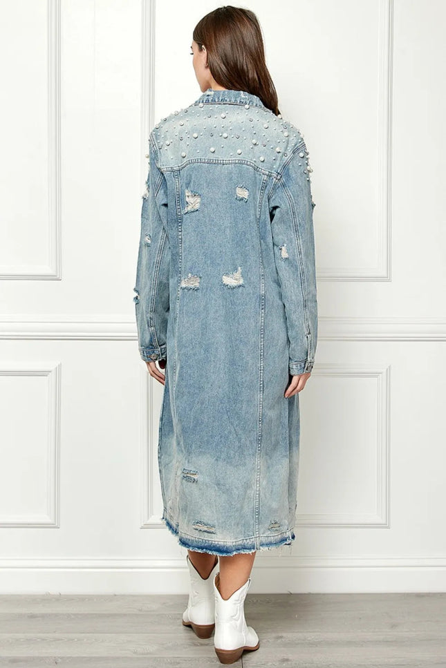 Veveret Full Size Distressed Raw Hem Pearl Detail Button Up Jacket - THE AMERICAN BLUE