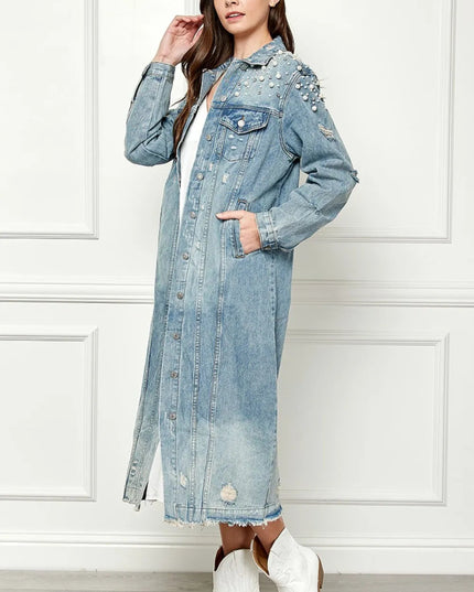 Veveret Full Size Distressed Raw Hem Pearl Detail Button Up Jacket - THE AMERICAN BLUE