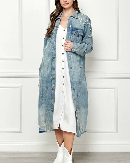 Veveret Full Size Distressed Raw Hem Pearl Detail Button Up Jacket - THE AMERICAN BLUE