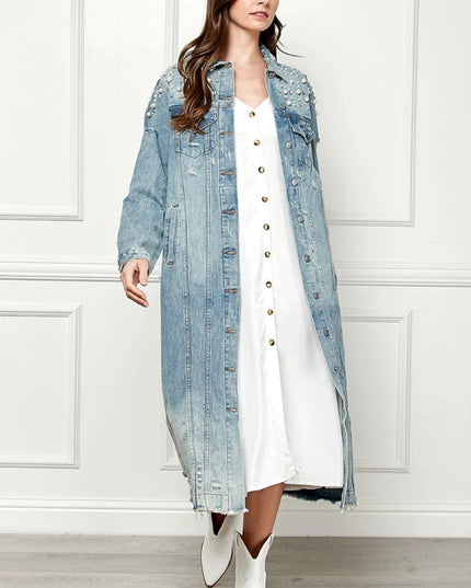 Veveret Full Size Distressed Raw Hem Pearl Detail Button Up Jacket - THE AMERICAN BLUE
