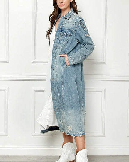 Veveret Full Size Distressed Raw Hem Pearl Detail Button Up Jacket - THE AMERICAN BLUE