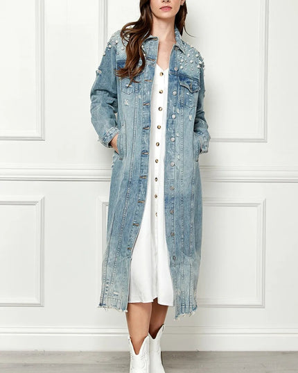 Veveret Full Size Distressed Raw Hem Pearl Detail Button Up Jacket - THE AMERICAN BLUE