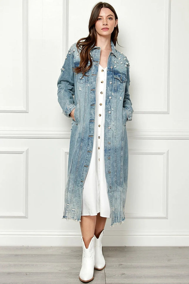 Veveret Full Size Distressed Raw Hem Pearl Detail Button Up Jacket - THE AMERICAN BLUE