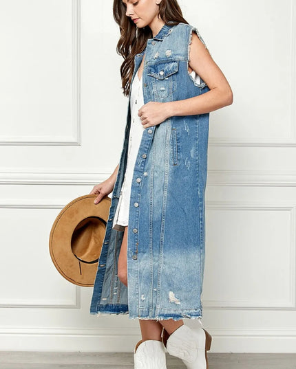 Veveret Full Size Distressed Sleeveless Longline Denim Jacket - THE AMERICAN BLUE