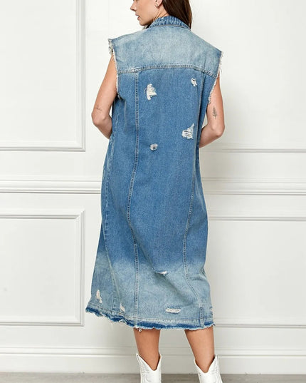 Veveret Full Size Distressed Sleeveless Longline Denim Jacket - THE AMERICAN BLUE