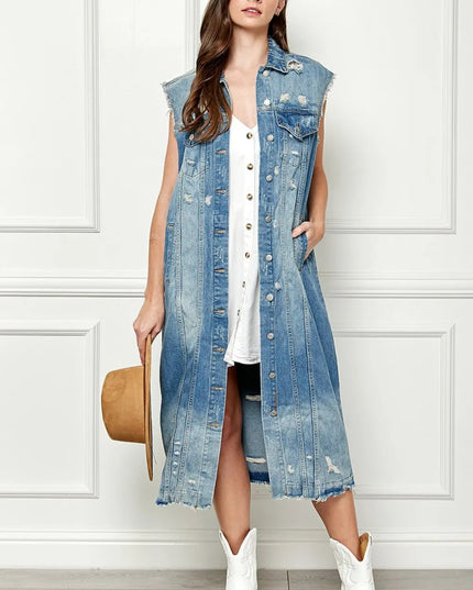 Veveret Full Size Distressed Sleeveless Longline Denim Jacket - THE AMERICAN BLUE
