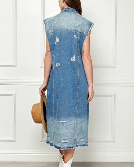 Veveret Full Size Distressed Sleeveless Longline Denim Jacket - THE AMERICAN BLUE