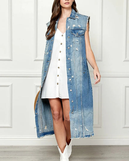 Veveret Full Size Distressed Sleeveless Longline Denim Jacket - THE AMERICAN BLUE