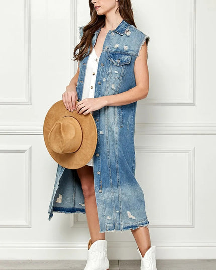 Veveret Full Size Distressed Sleeveless Longline Denim Jacket - THE AMERICAN BLUE