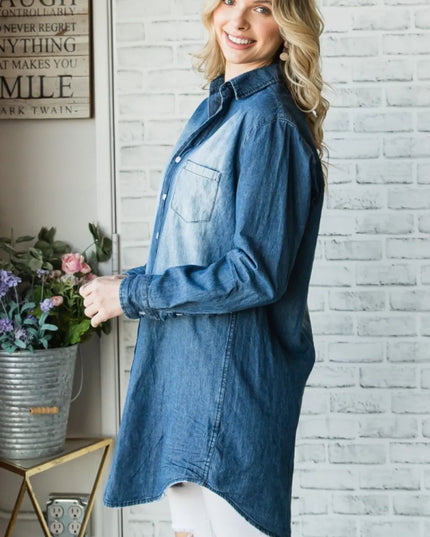 Veveret Pocketed Button Up Washed Denim Shirt - THE AMERICAN BLUE