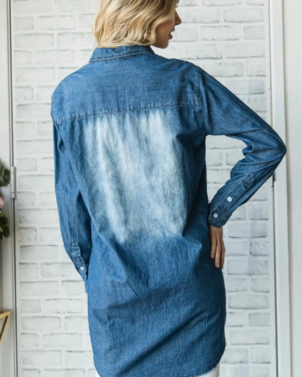 Veveret Pocketed Button Up Washed Denim Shirt - THE AMERICAN BLUE