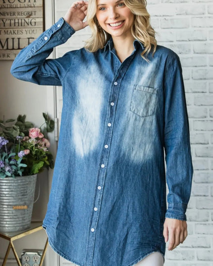 Veveret Pocketed Button Up Washed Denim Shirt - THE AMERICAN BLUE