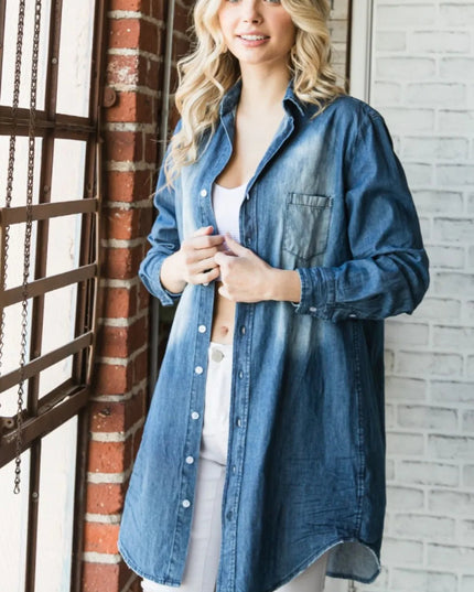 Veveret Pocketed Button Up Washed Denim Shirt - THE AMERICAN BLUE