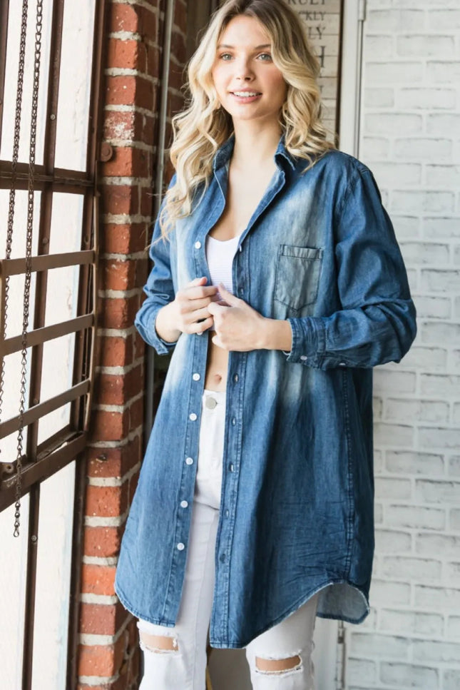Veveret Pocketed Button Up Washed Denim Shirt - THE AMERICAN BLUE