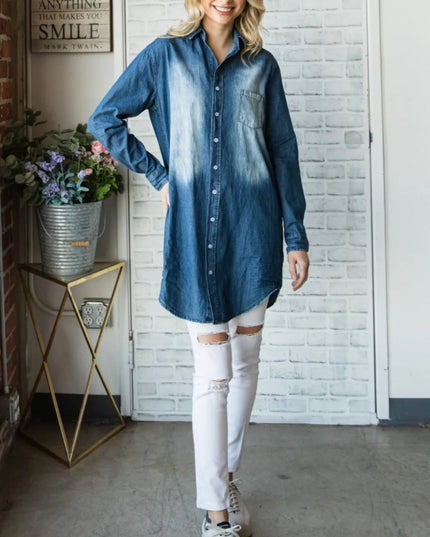 Veveret Pocketed Button Up Washed Denim Shirt - THE AMERICAN BLUE