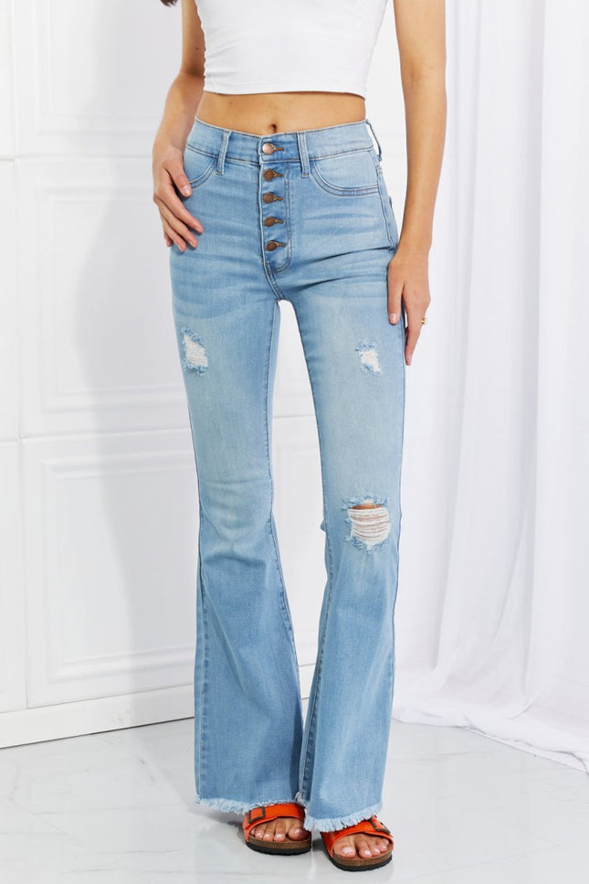 Vibrant MIU Full Size Jess Button Flare Jeans - THE AMERICAN BLUE