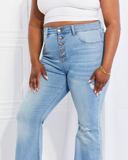 Vibrant MIU Full Size Jess Button Flare Jeans - THE AMERICAN BLUE
