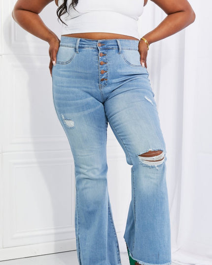 Vibrant MIU Full Size Jess Button Flare Jeans - THE AMERICAN BLUE