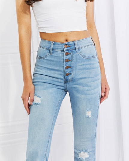 Vibrant MIU Full Size Jess Button Flare Jeans - THE AMERICAN BLUE
