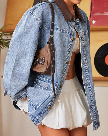 Vintage Wash Denim Jacket with Contrast Collar - THE AMERICAN BLUE