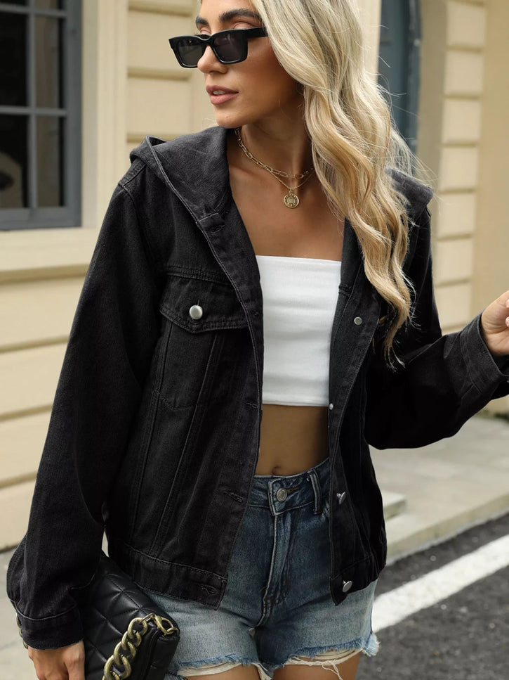 Washed Button Up Hooded Denim Jacket - THE AMERICAN BLUE
