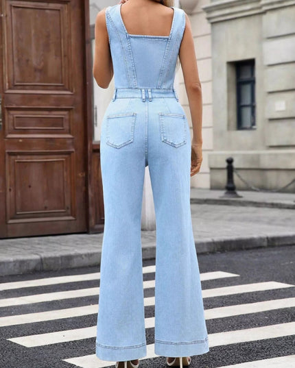 Wide Leg Sleeveless Denim Jumpsuit with Button Front - THE AMERICAN BLUE