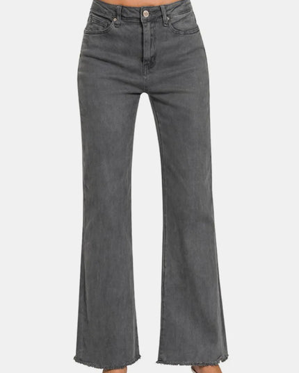 Zenana Acid Washed Frayed Hem Bootcut Jeans - THE AMERICAN BLUE