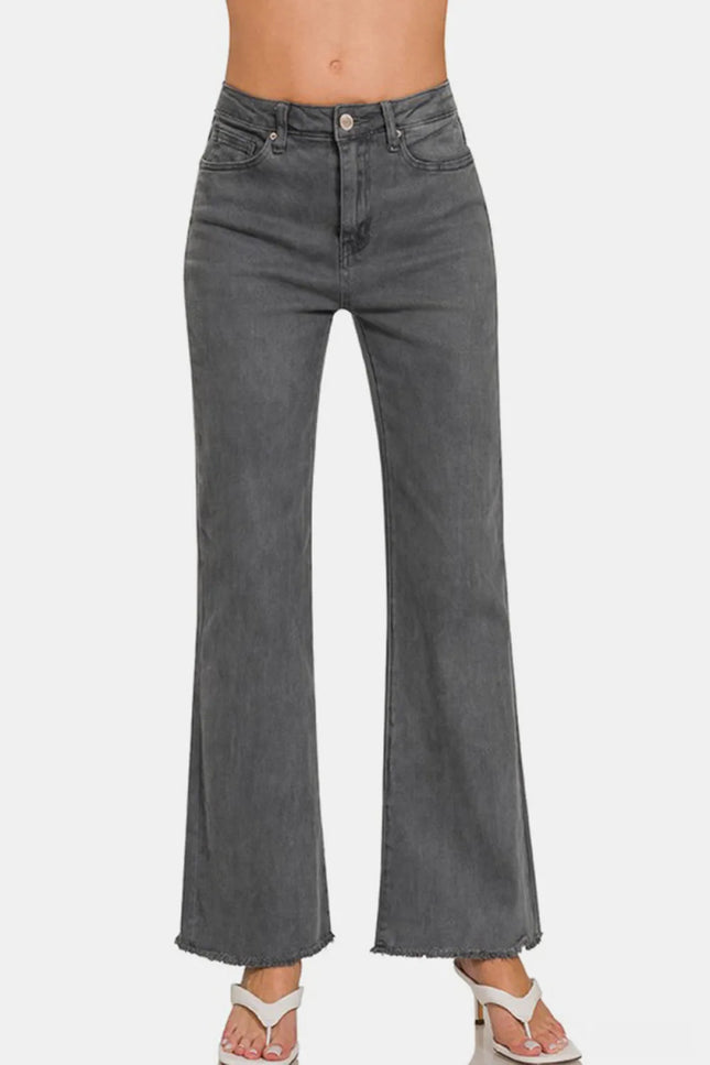 Zenana Acid Washed Frayed Hem Bootcut Jeans - THE AMERICAN BLUE