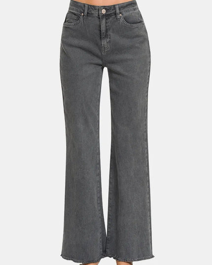 Zenana Acid Washed Frayed Hem Bootcut Jeans - THE AMERICAN BLUE
