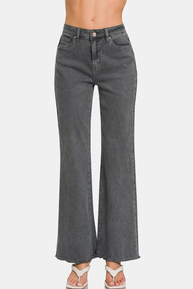 Zenana Acid Washed Frayed Hem Bootcut Jeans - THE AMERICAN BLUE