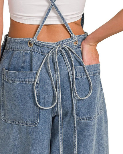Zenana Denim Medium Washed Wide Leg Overalls - THE AMERICAN BLUE