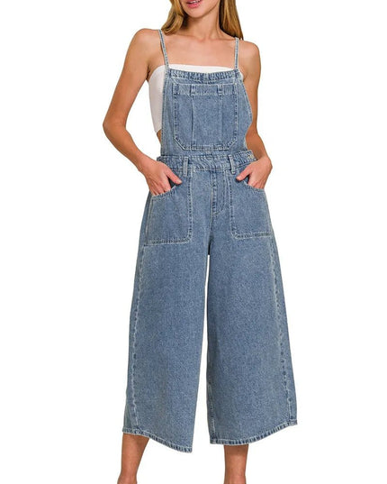 Zenana Denim Medium Washed Wide Leg Overalls - THE AMERICAN BLUE
