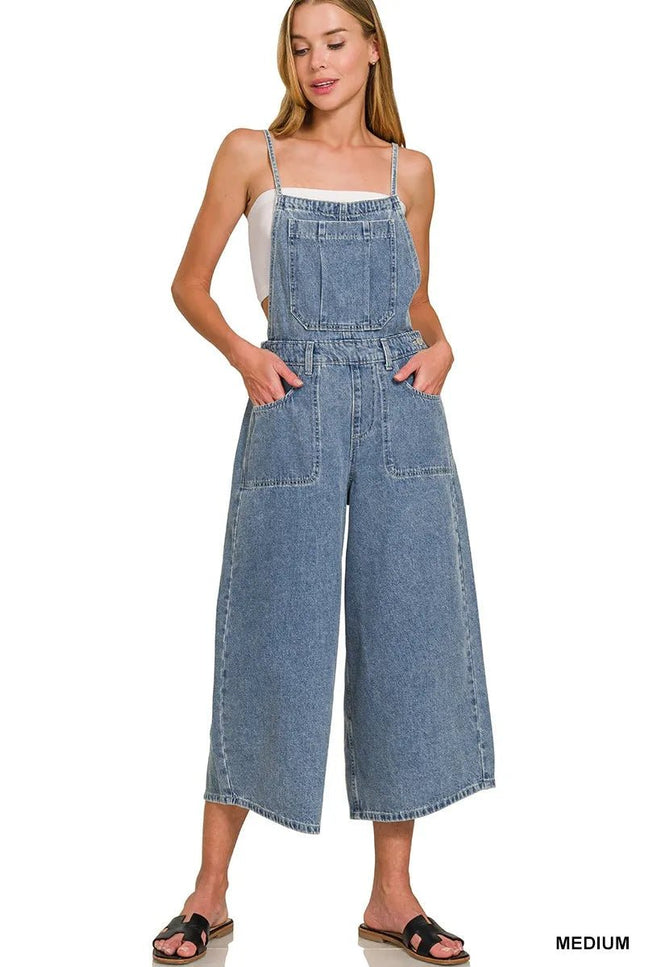Zenana Denim Medium Washed Wide Leg Overalls - THE AMERICAN BLUE