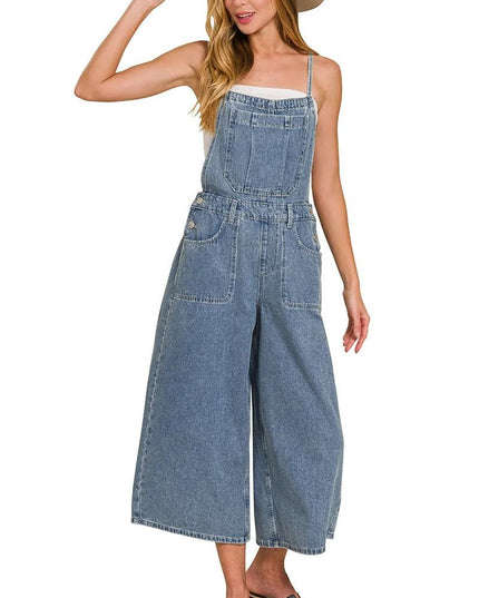 Zenana Denim Medium Washed Wide Leg Overalls - THE AMERICAN BLUE