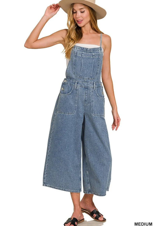 Zenana Denim Medium Washed Wide Leg Overalls - THE AMERICAN BLUE
