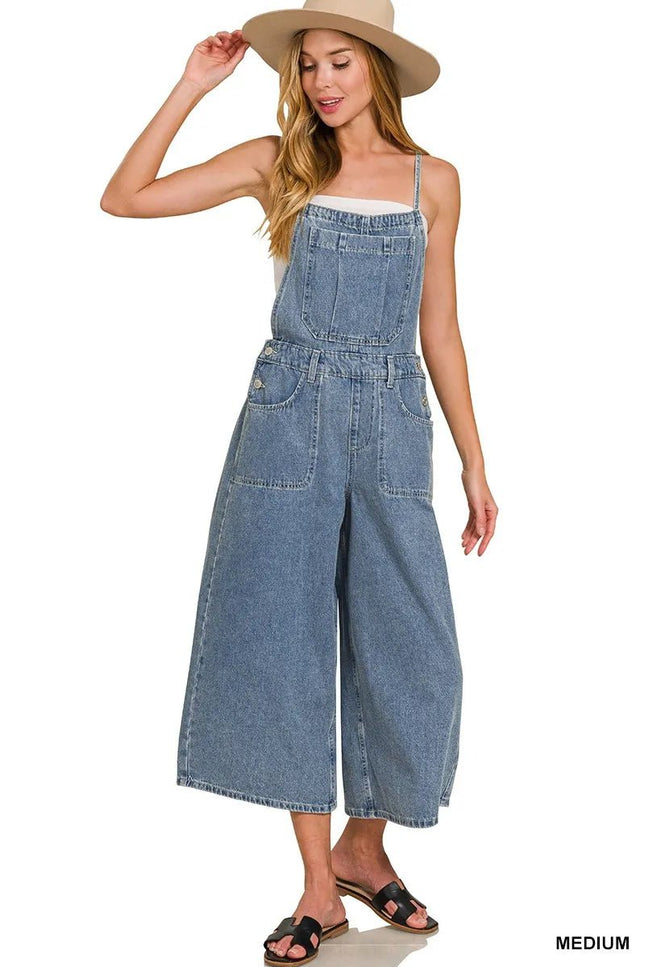 Zenana Denim Medium Washed Wide Leg Overalls - THE AMERICAN BLUE