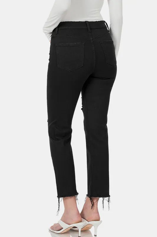Zenana Distressed Raw Hem Cropped Jeans - THE AMERICAN BLUE