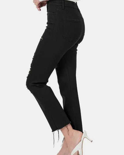 Zenana Distressed Raw Hem Cropped Jeans - THE AMERICAN BLUE