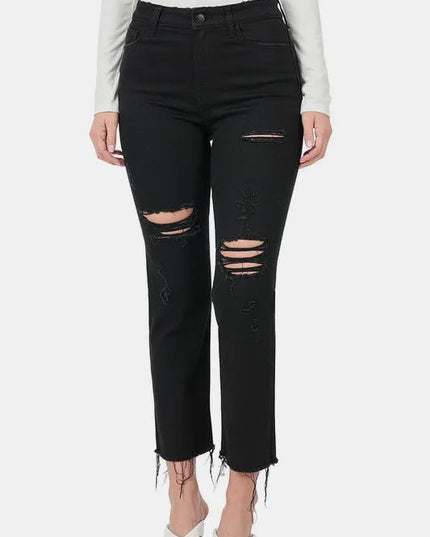 Zenana Distressed Raw Hem Cropped Jeans - THE AMERICAN BLUE