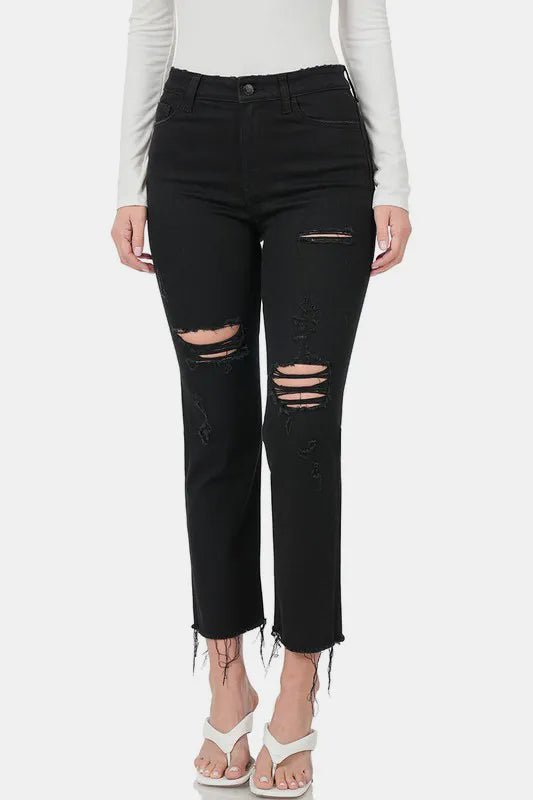 Zenana Distressed Raw Hem Cropped Jeans - THE AMERICAN BLUE