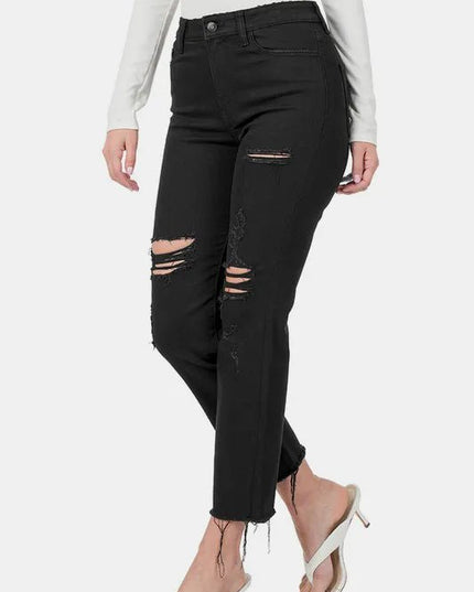 Zenana Distressed Raw Hem Cropped Jeans - THE AMERICAN BLUE