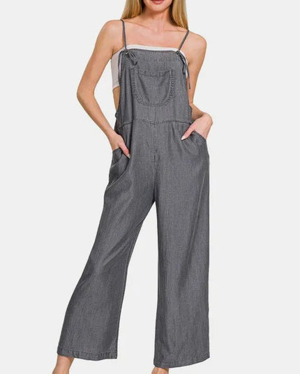 Zenana Washed Adjustable Strap Wide Leg Denim Overalls - THE AMERICAN BLUE