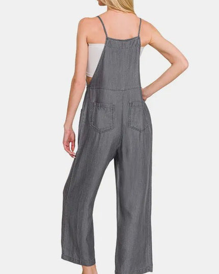 Zenana Washed Adjustable Strap Wide Leg Denim Overalls - THE AMERICAN BLUE